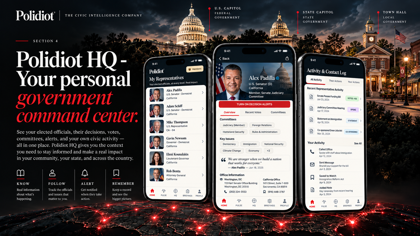 Political HQ. Your personal government command center. See your federal, state, and local representatives, voting records, committees, decision alerts, contact information, and civic activity in one place.