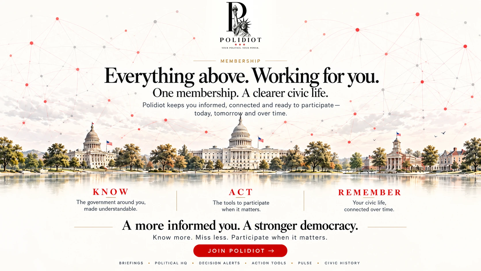 Polidiot Membership. Everything above. Working for you. One membership. A clearer civic life. Federal, state, and local government are presented as one connected civic landscape, with the benefits Know, Act, and Remember.