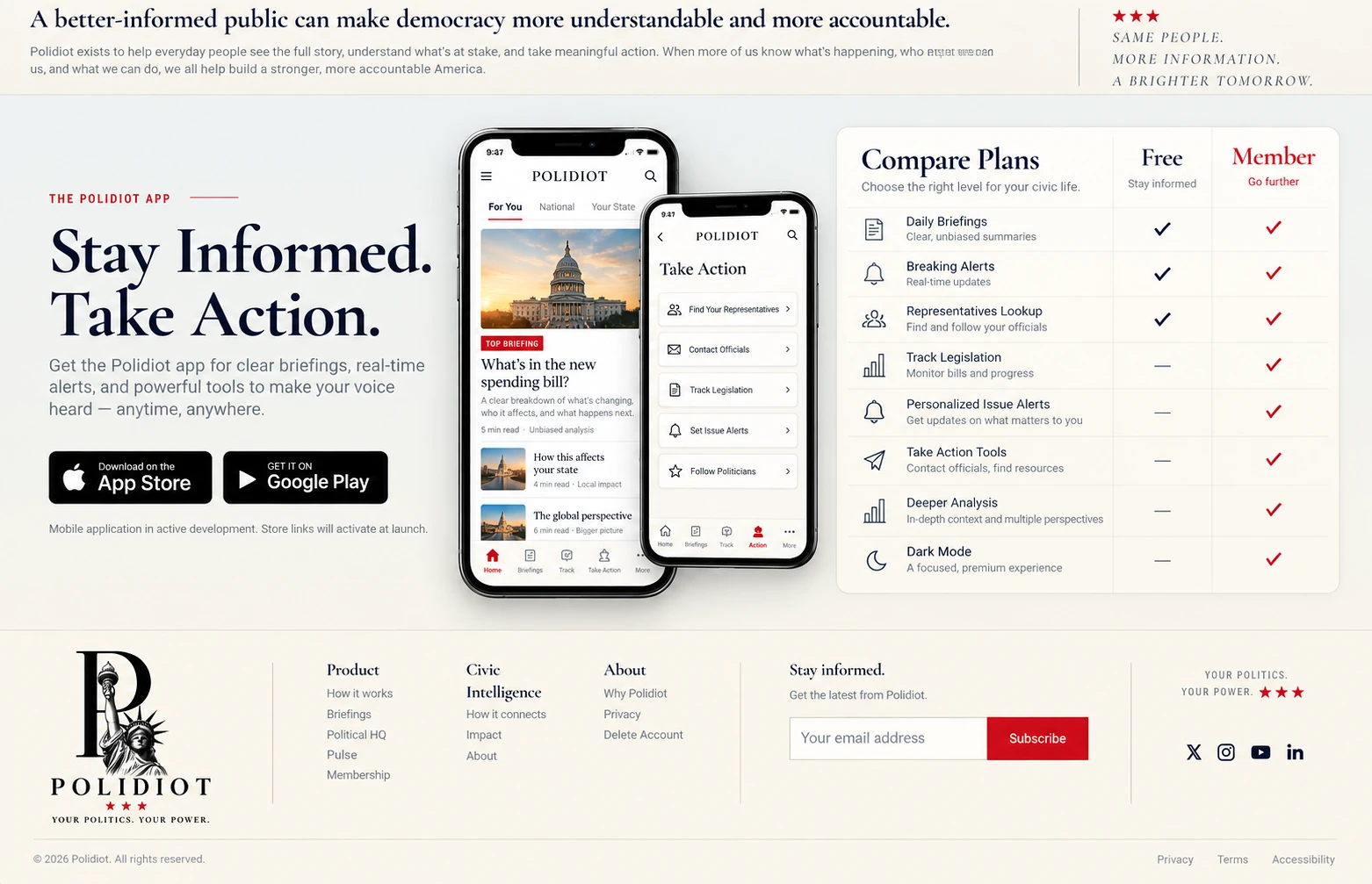 The Polidiot app. Stay informed. Take action. Compare Free and Member access, including briefings, alerts, representatives, legislation tracking, personalized issue alerts, action tools, deeper analysis, and member Dark Mode.